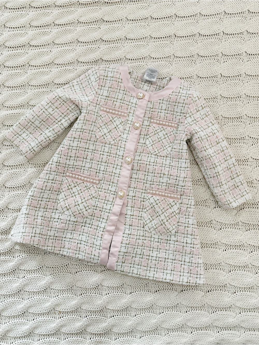 Blueberi Boulevard Pink Tweed Girls Pea Coat with Pearl Buttons
